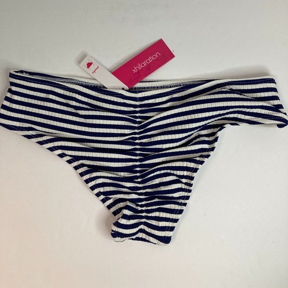 xhilaration Bathing Swim Suit Bottoms Navy and Milk Stripes Cheeky Shirred Back - Picture 3 of 5